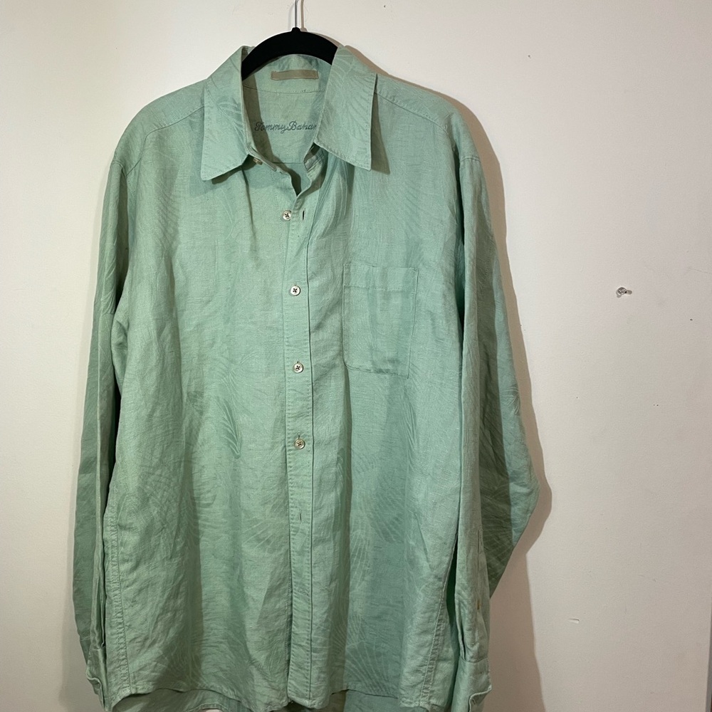 Tommy Bahama Shirt Mens Large Mint Green Long‎ Sleeve leaf imprint linen cotton